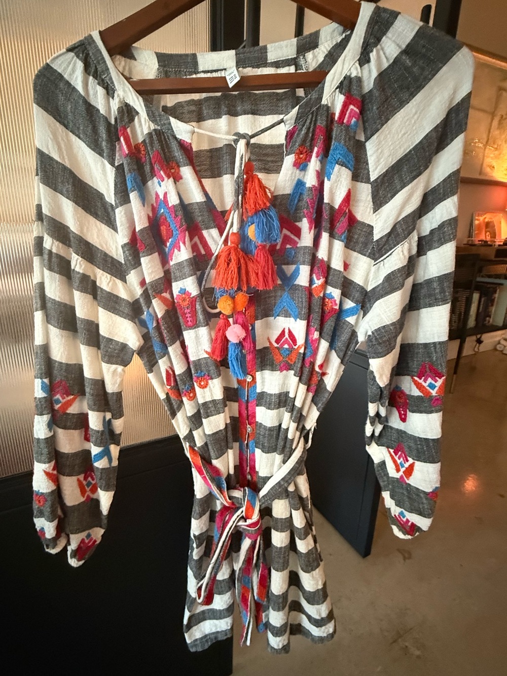 Zara Grey & White Striped Tunic with Embroidered Accents
